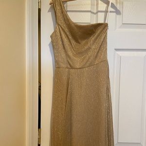 BHLDN gold asymmetrical full length dress